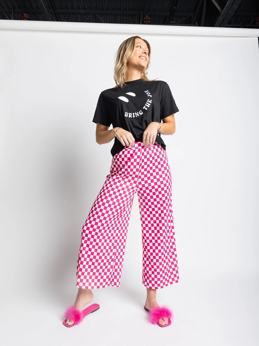 WKNDCHASERS Pink White Checkered Wide Leg Pants 2XL Dopamine Dressing